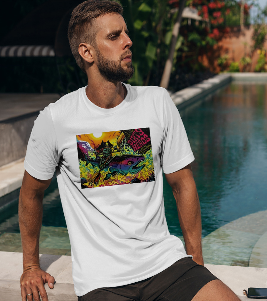 Dirty Heads Pirate Skeleton Kayaking Giant Fish Psychedelic Adventure T-Shirt