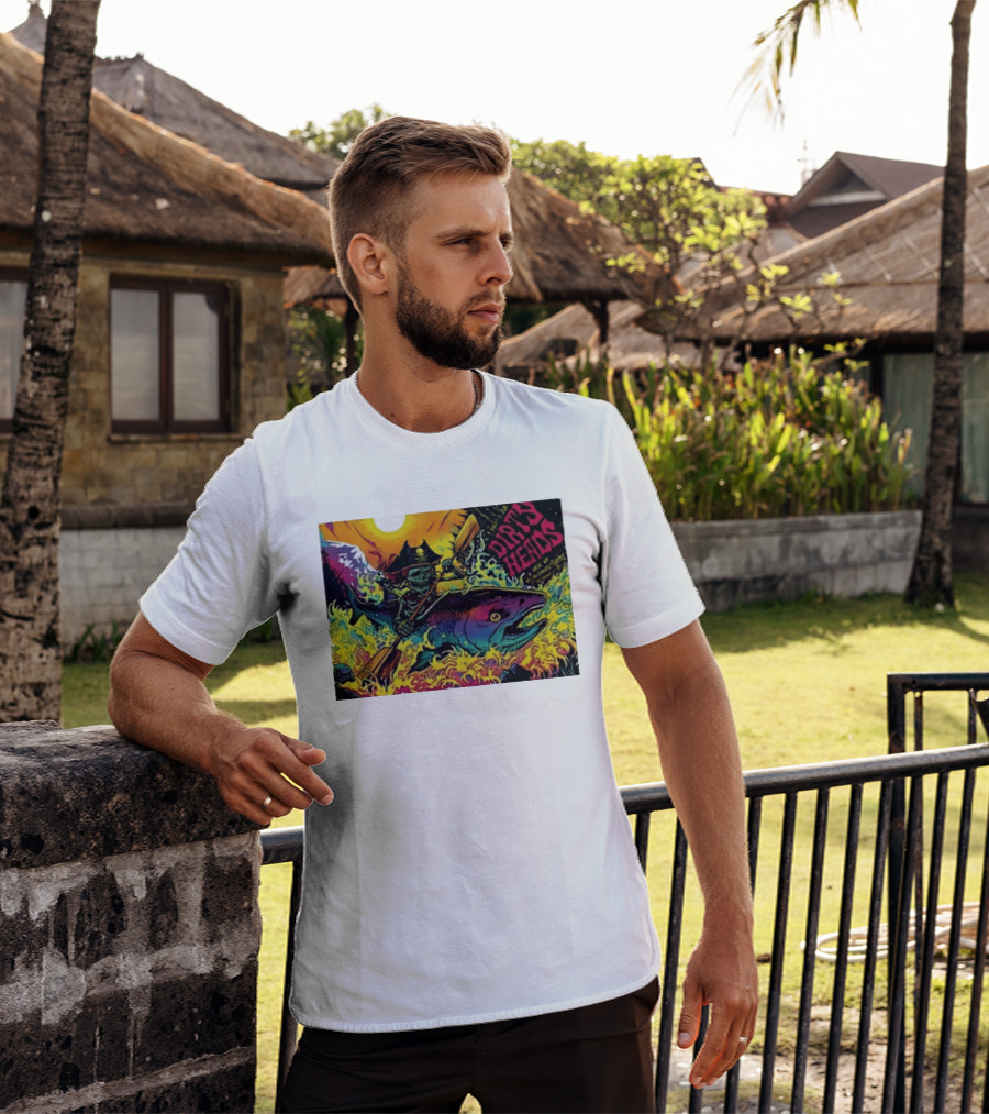 Dirty Heads Pirate Skeleton Kayaking Giant Fish Psychedelic Adventure T-Shirt