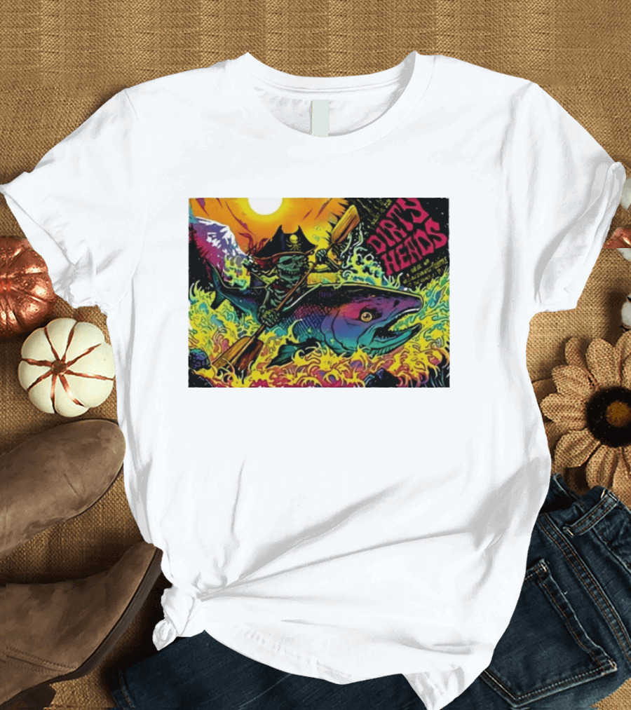 Dirty Heads Pirate Skeleton Kayaking Giant Fish Psychedelic Adventure T-Shirt