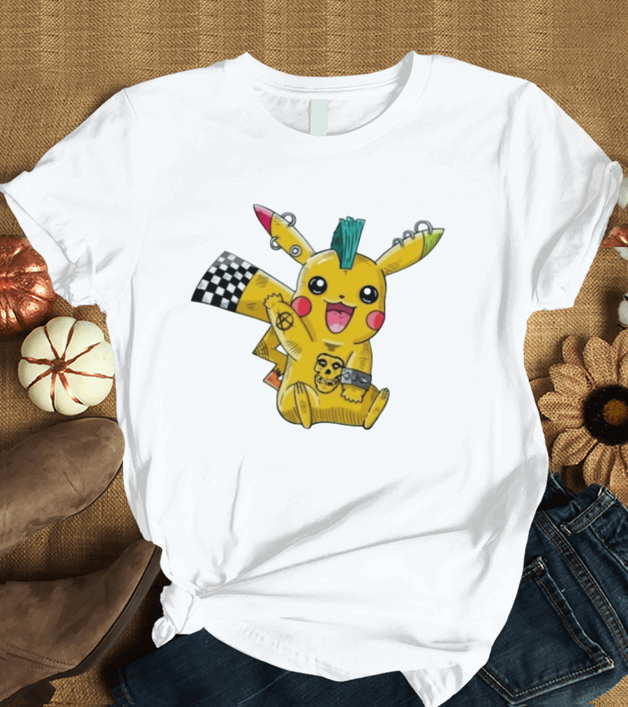 Punkachu Pikachu Mohawk Skull Anarchist Punk Rock Style Checkered Flag Details T-Shirt