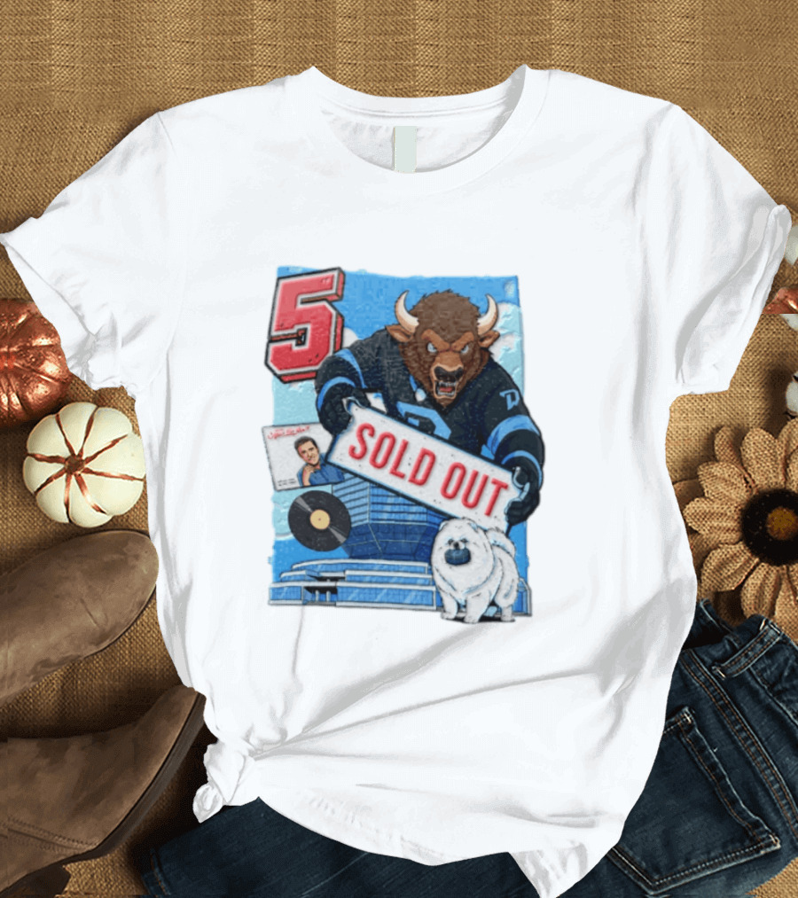 5 Bison Sold Out Sign White Fluffy Dog Holding Puck T-Shirt