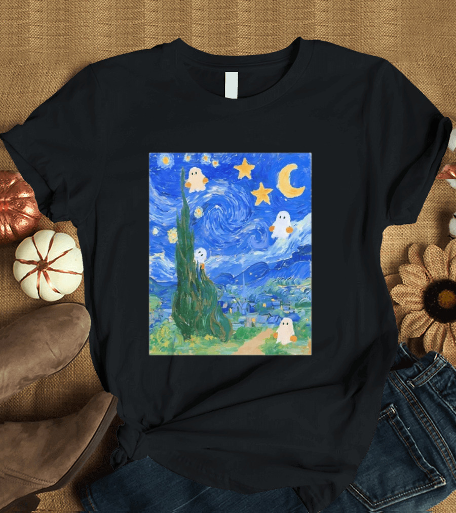 Starry Night Halloween Ghosts Vincent Van Gogh Painting T-Shirt