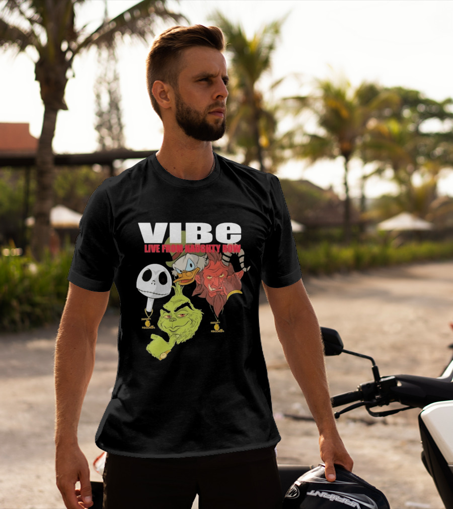 Vibe Live From Naughty Row Grinch Krampus Scrooge Jack Skellington Christmas Naughty Row Records T-Shirt
