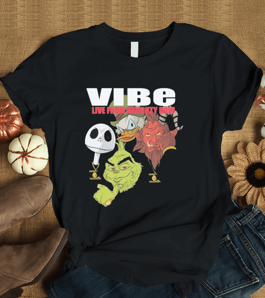 Vibe Live From Naughty Row Grinch Krampus Scrooge Jack Skellington Christmas Naughty Row Records T-Shirt