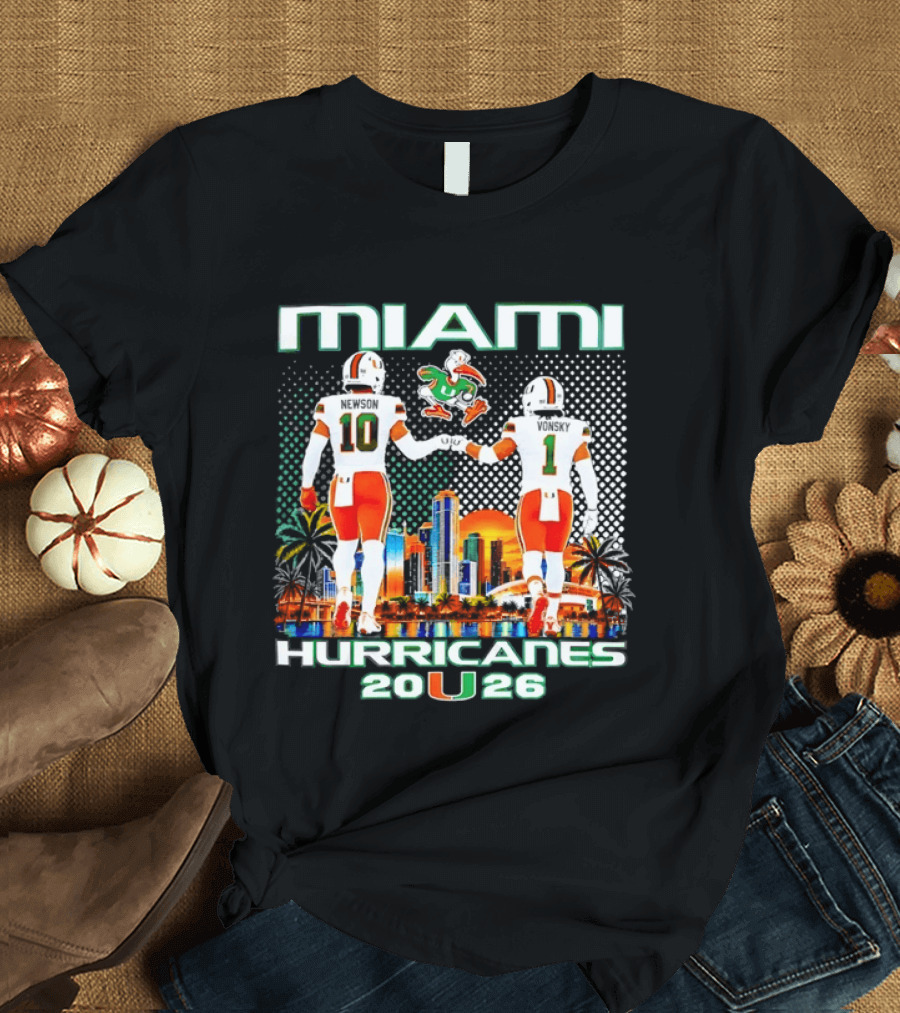 Miami Hurricanes 2026 Darian Mensah Malachi Toney Football Team Skyline Sunset T-Shirt