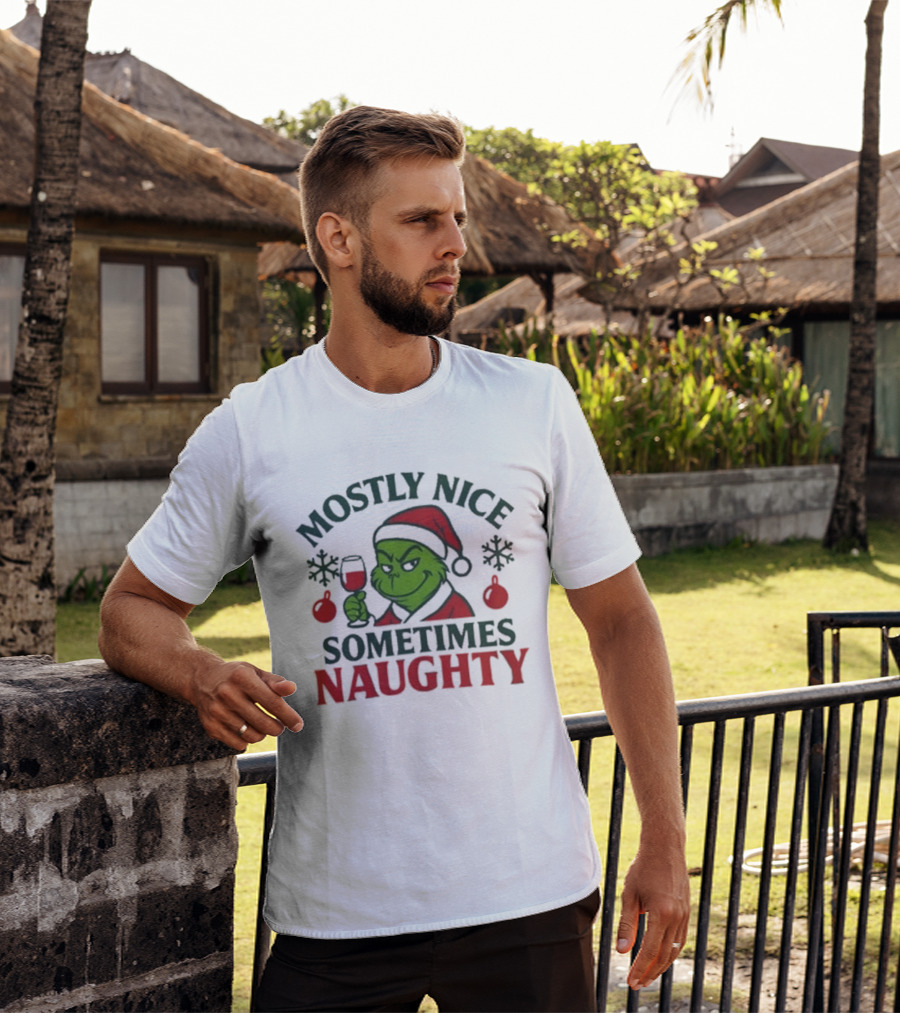 Mostly Nice Sometimes Naughty Grinch Holiday Christmas T-Shirt