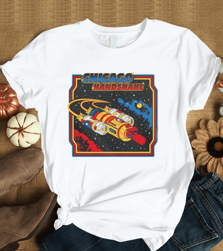 Chicago Handshake Spaceship Malort Old Lager Retro Sci Fi Space Adventure T-Shirt