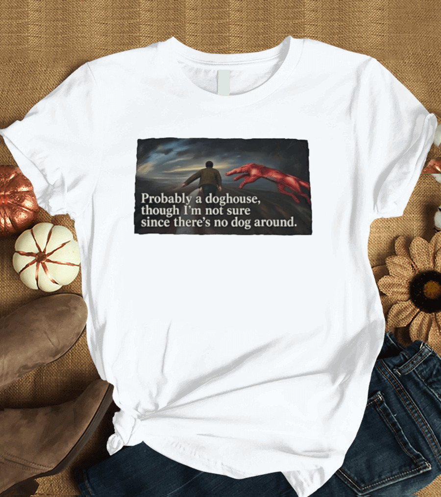 Probably A Doghouse Though I'm Not Sure Since There's No Dog Around Surreal Landscape With Figure And Red Creature T-Shirt