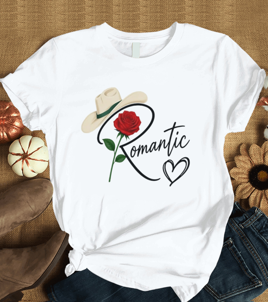 Romantic Cowboy Hat Rose Western Love Heart T-Shirt