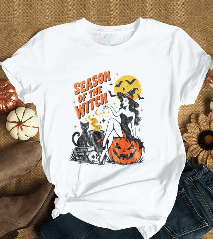 Season Of The Witch Halloween Spooky Season Full Moon Pumpkin Black Cat Bat T-Shirt