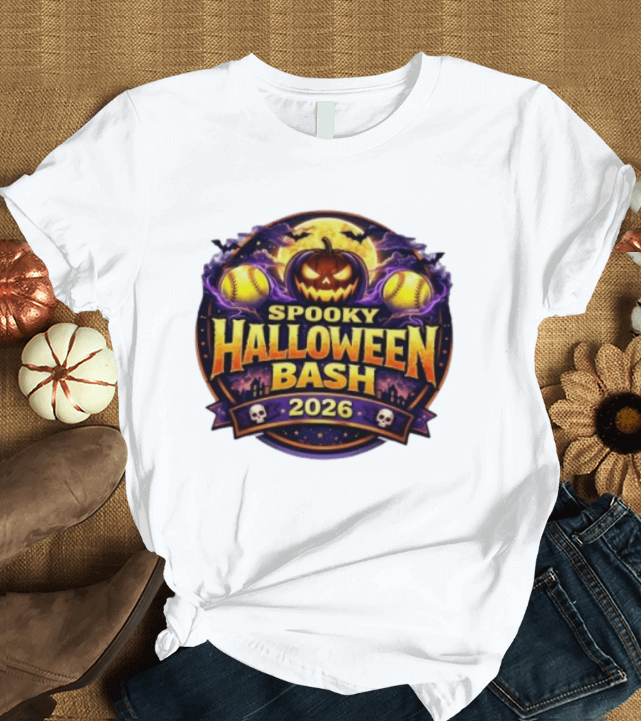 Spooky Halloween Bash 2026 Pumpkin Moonlit Baseball Skulls T-Shirt