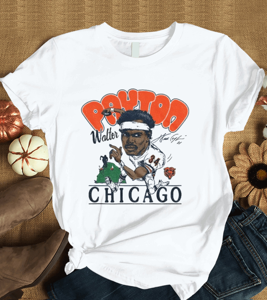 Walter Payton Chicago Bears 34 Caricature Player Signature Drawing T-Shirt