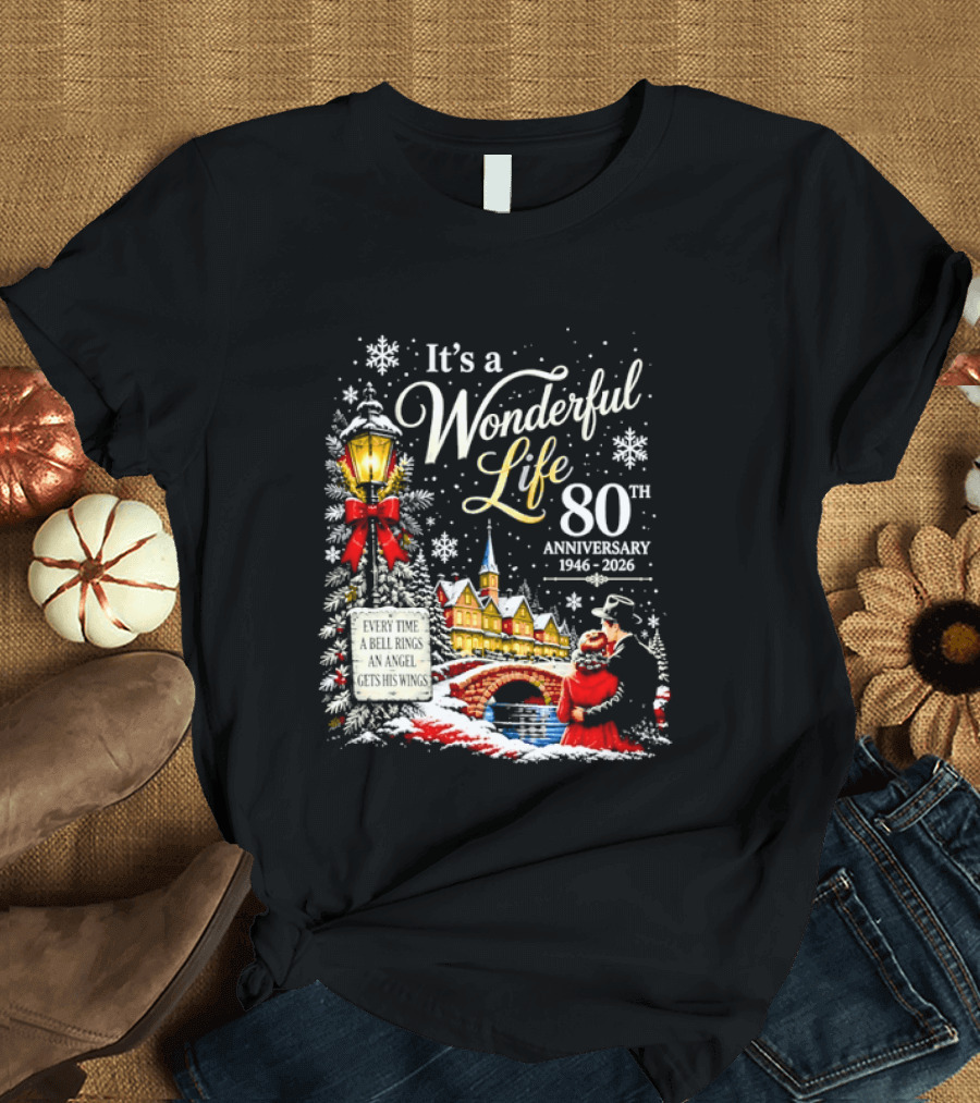 It's A Wonderful Life 80th Anniversary 1946 2026 Christmas Village Scene Snowflakes Lantern T-Shirt