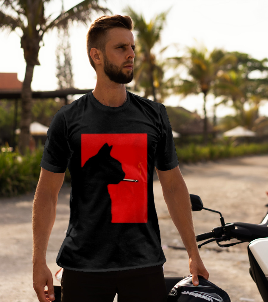 Black Cat Silhouette With Cigarette On Red T-Shirt