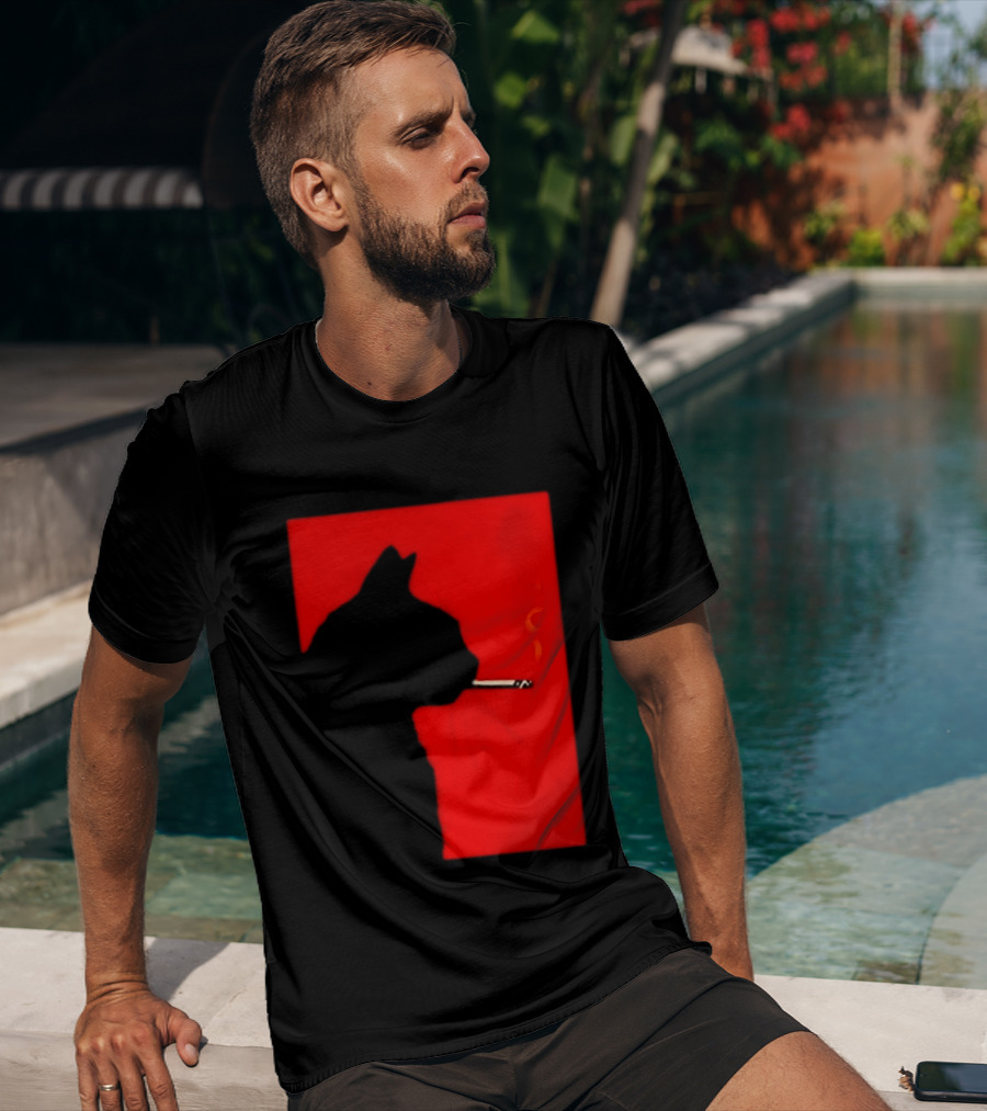 Black Cat Silhouette With Cigarette On Red T-Shirt