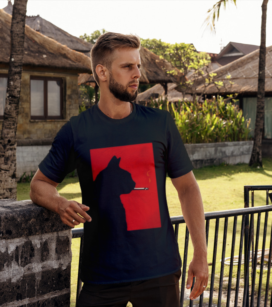 Black Cat Silhouette With Cigarette On Red T-Shirt