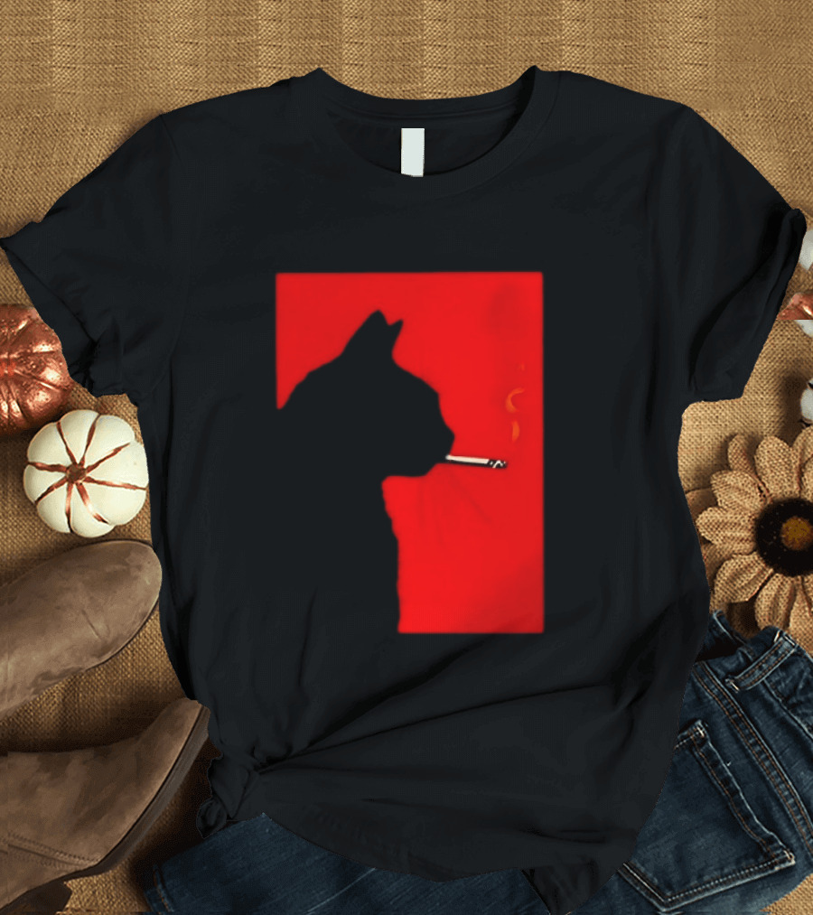 Black Cat Silhouette With Cigarette On Red T-Shirt