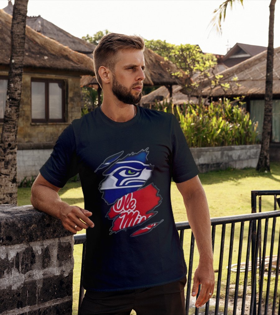 Seattle Seahawks Ole Miss Rebels Ripped Fabric Reveal T-Shirt