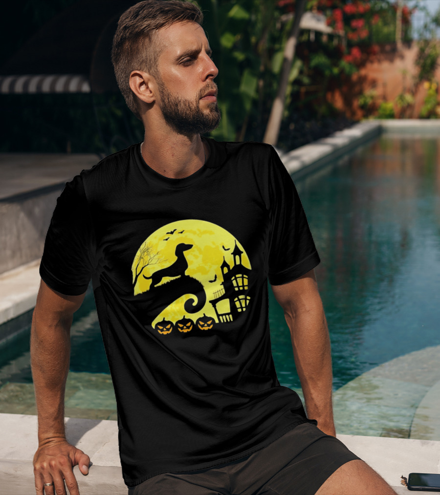 Dachshund Halloween Moon Spooky Night With Pumpkins T-Shirt