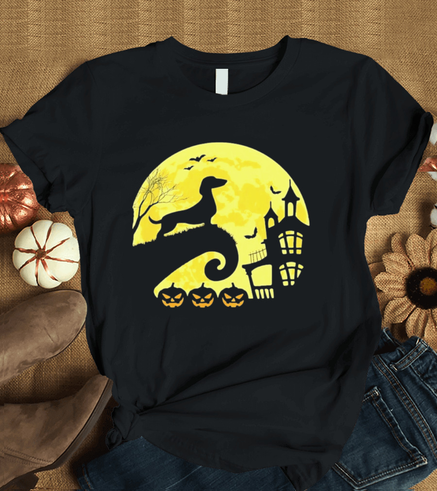 Dachshund Halloween Moon Spooky Night With Pumpkins T-Shirt