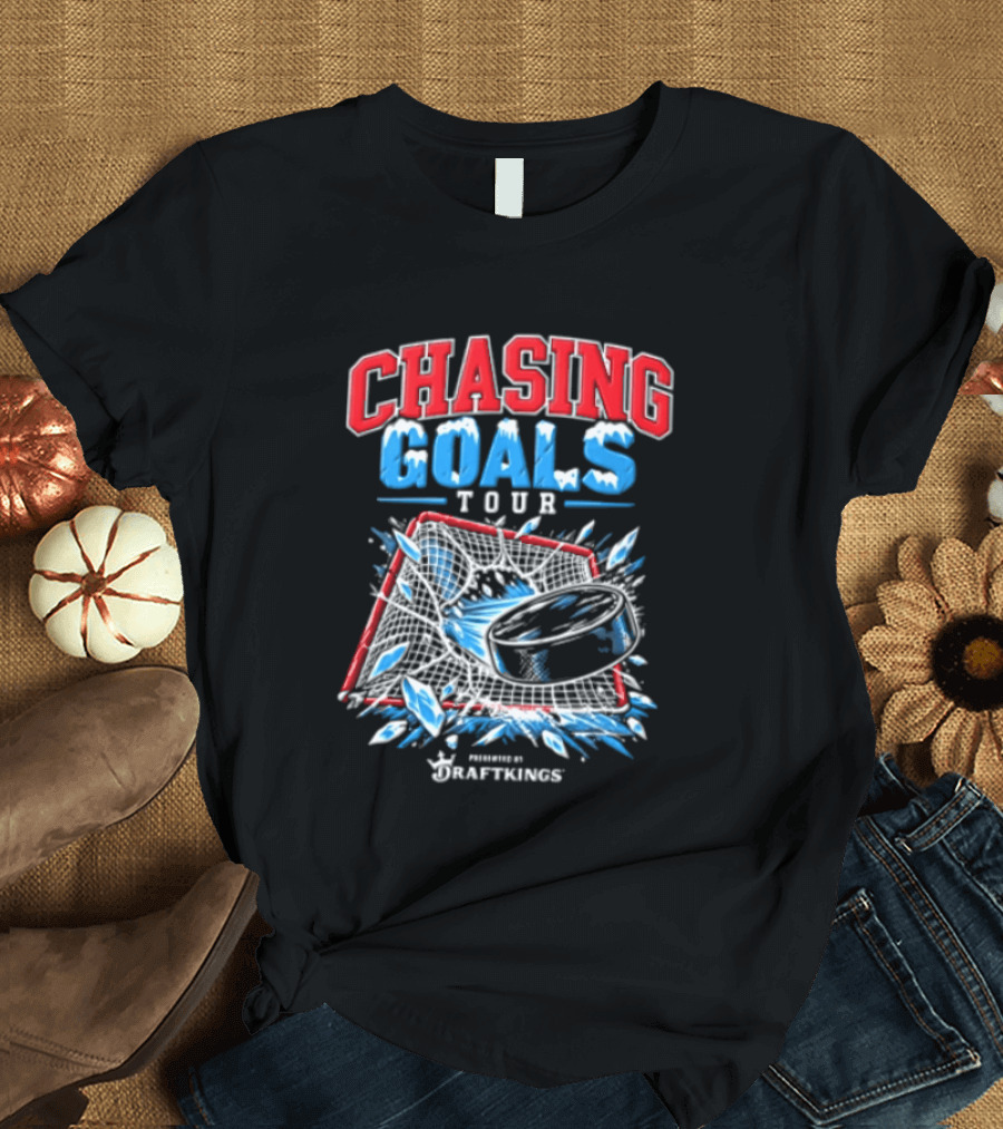 DraftKings Chasing Goals Tour Hockey Puck Crashing Into Net T-Shirt