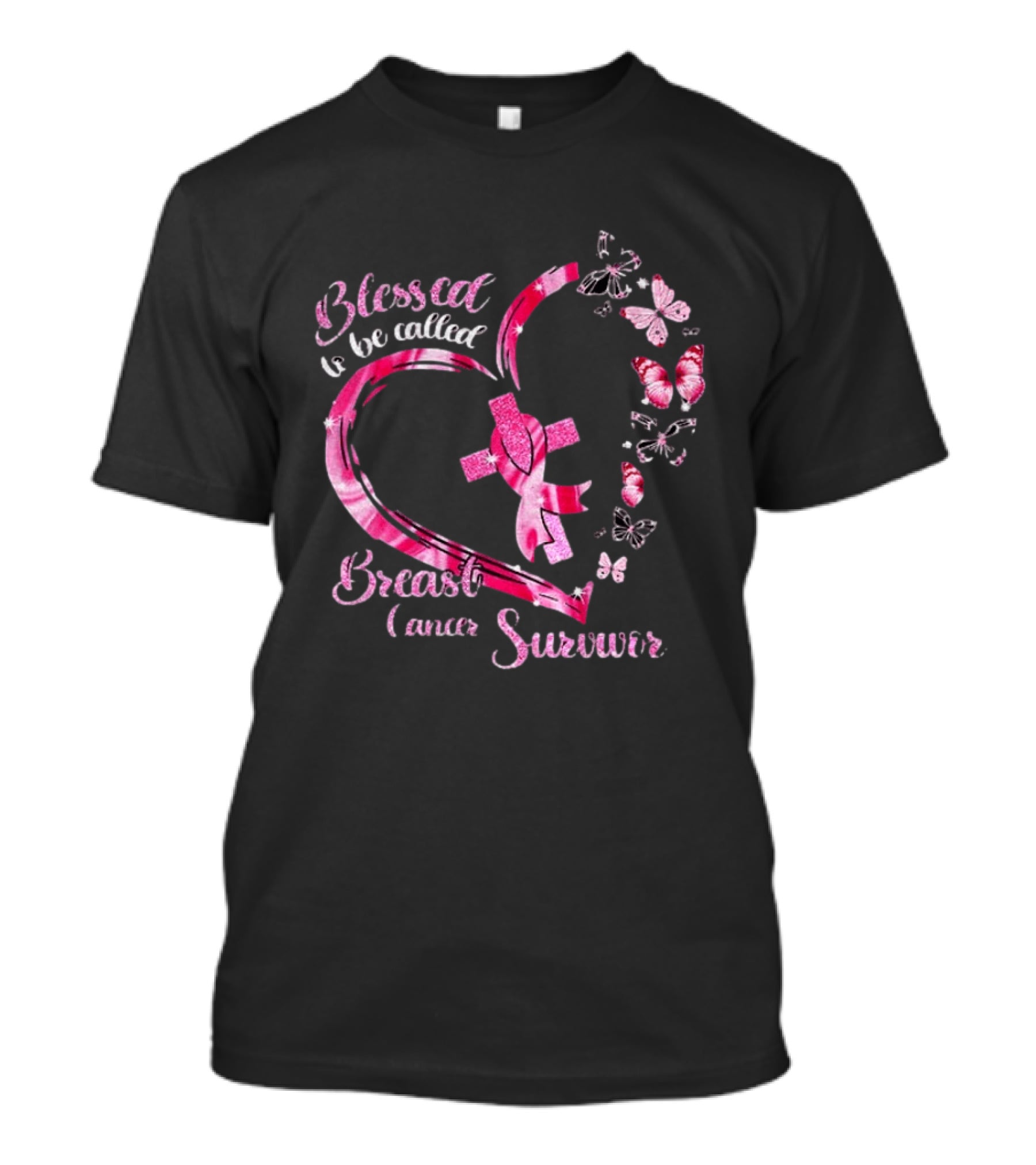 Blessed To Be Called Breast Cancer Survivor Pink Butterfly Ribbon Heart T-Shirt