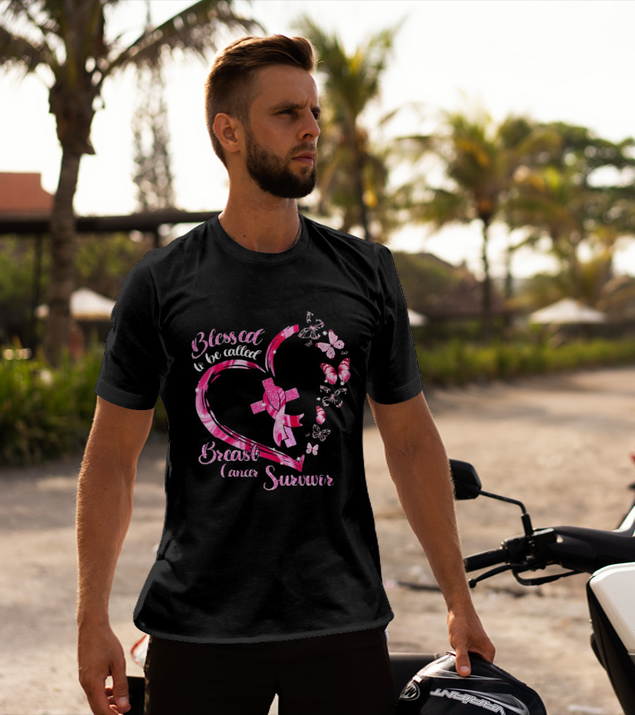 Blessed To Be Called Breast Cancer Survivor Pink Butterfly Ribbon Heart T-Shirt