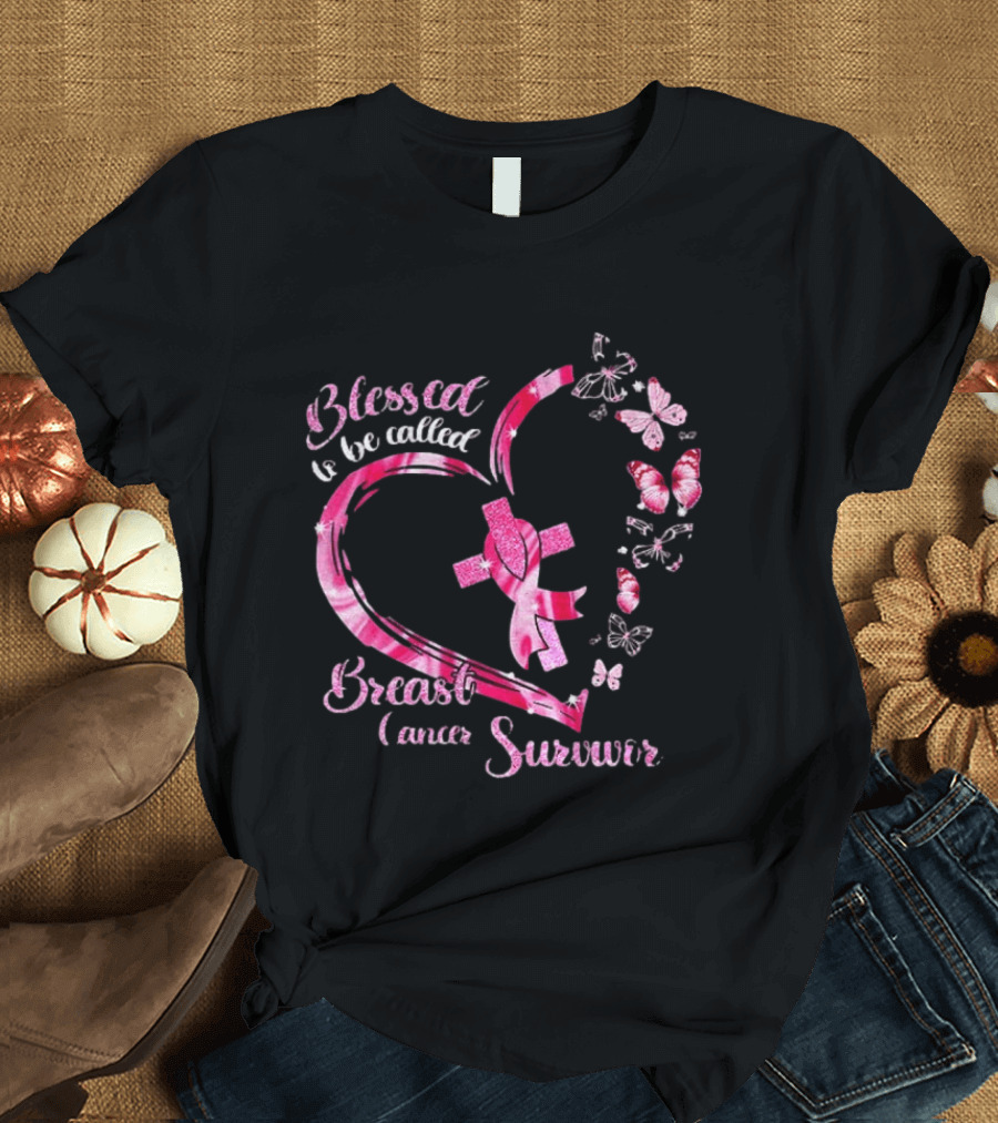 Blessed To Be Called Breast Cancer Survivor Pink Butterfly Ribbon Heart T-Shirt