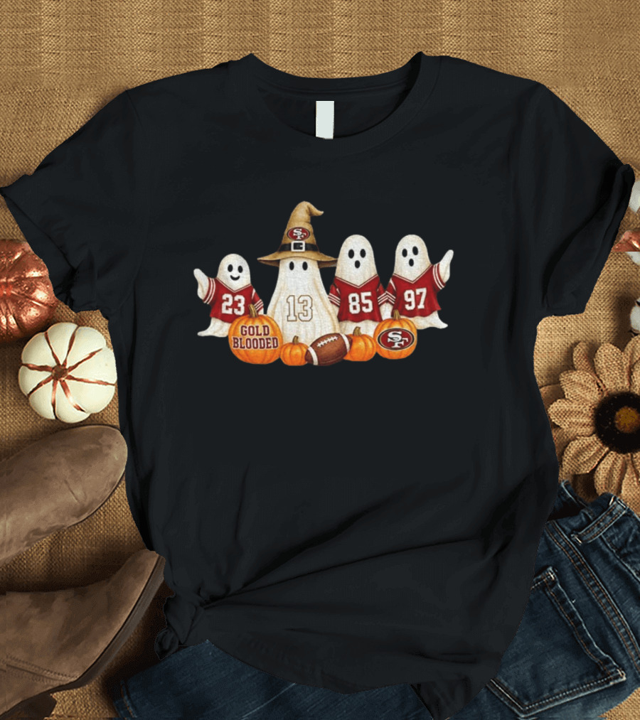 San Francisco 49ers Ghost Gold Blooded Halloween Football 2026 Pumpkins Football Jerseys T-Shirt