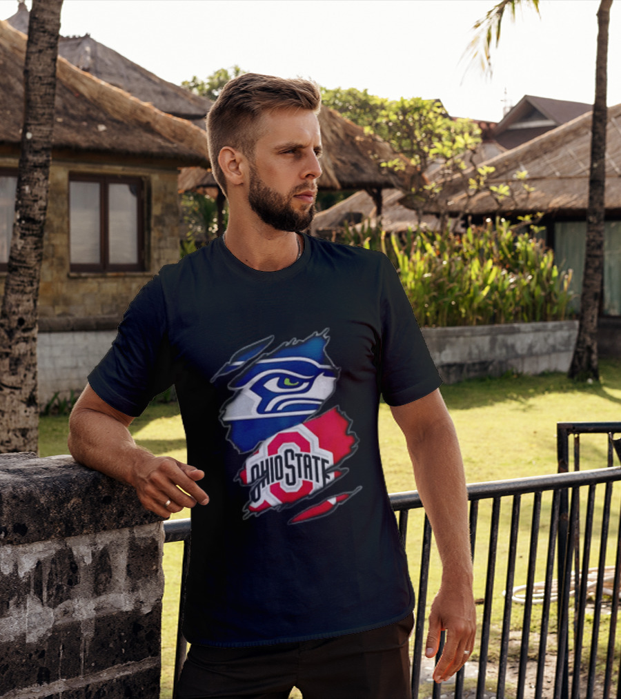 Seattle Seahawks Ohio State Buckeyes Torn Fabric Effect Team Logos T-Shirt