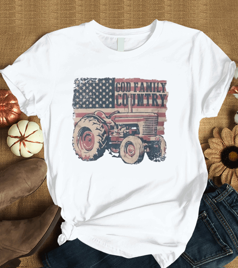 American Flag God Family Country Tractor T-Shirt