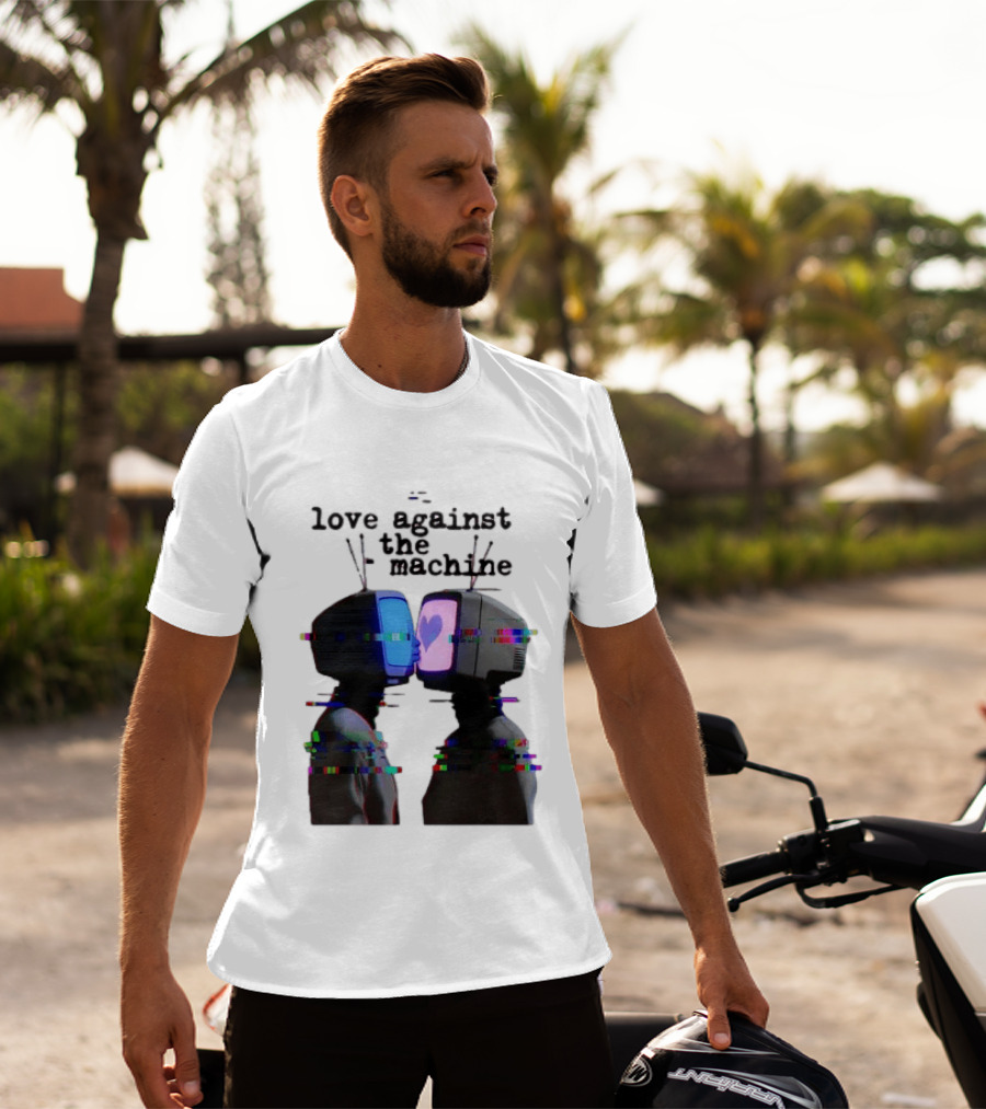Love Against The Machine Two Television Heads Kissing Glitch Heart T-Shirt