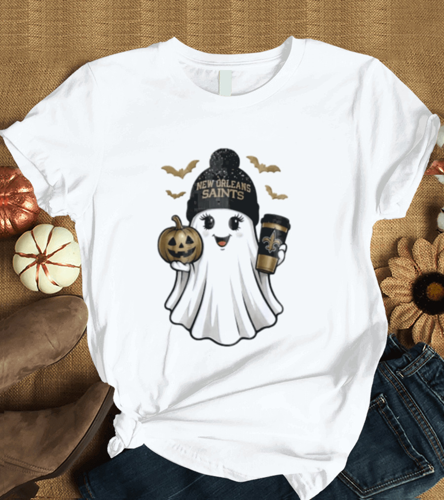 New Orleans Saints Ghost Beanie Pumpkin Coffee Halloween T-Shirt