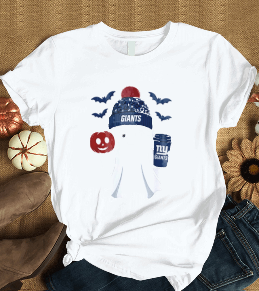 New York Giants Ghost Halloween Beanie With Pumpkin Coffee And Bats T-Shirt