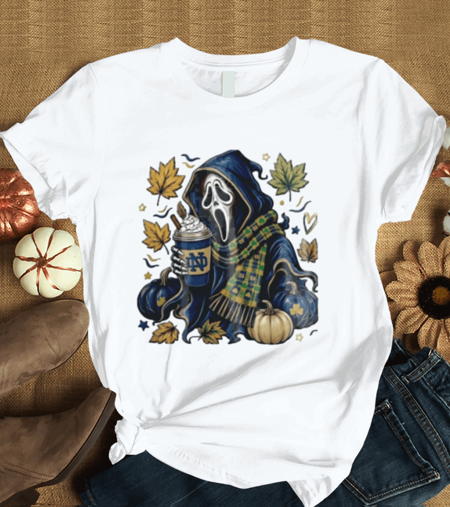 Notre Dame Ghostface Holding Coffee Autumn Leaves Pumpkins T-Shirt