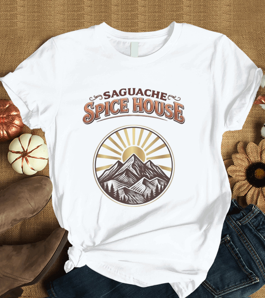 Saguache Spice House Mountain Sunburst Design Colorado T-Shirt