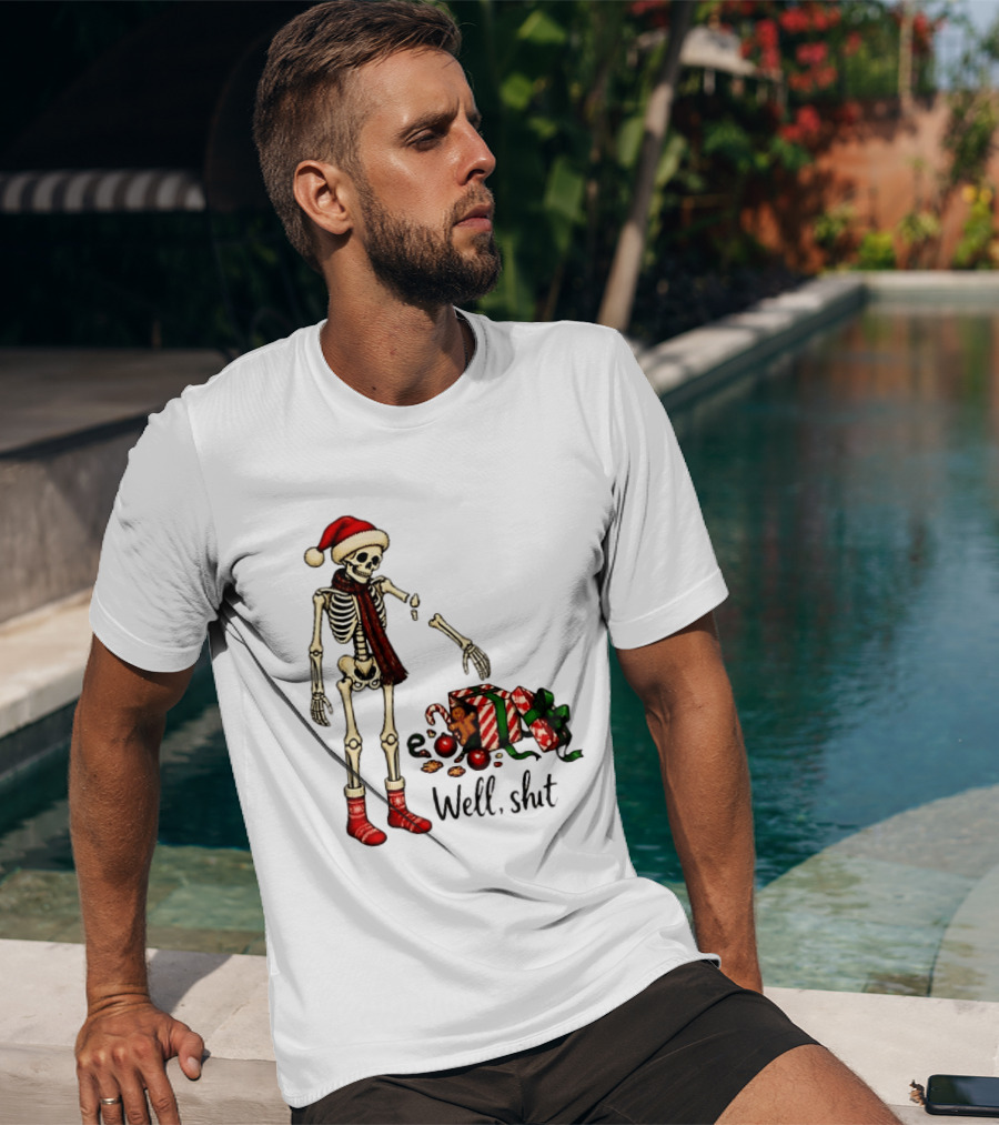 Well Shit Christmas Skeleton Gingerbread Man Santa Hat T-Shirt
