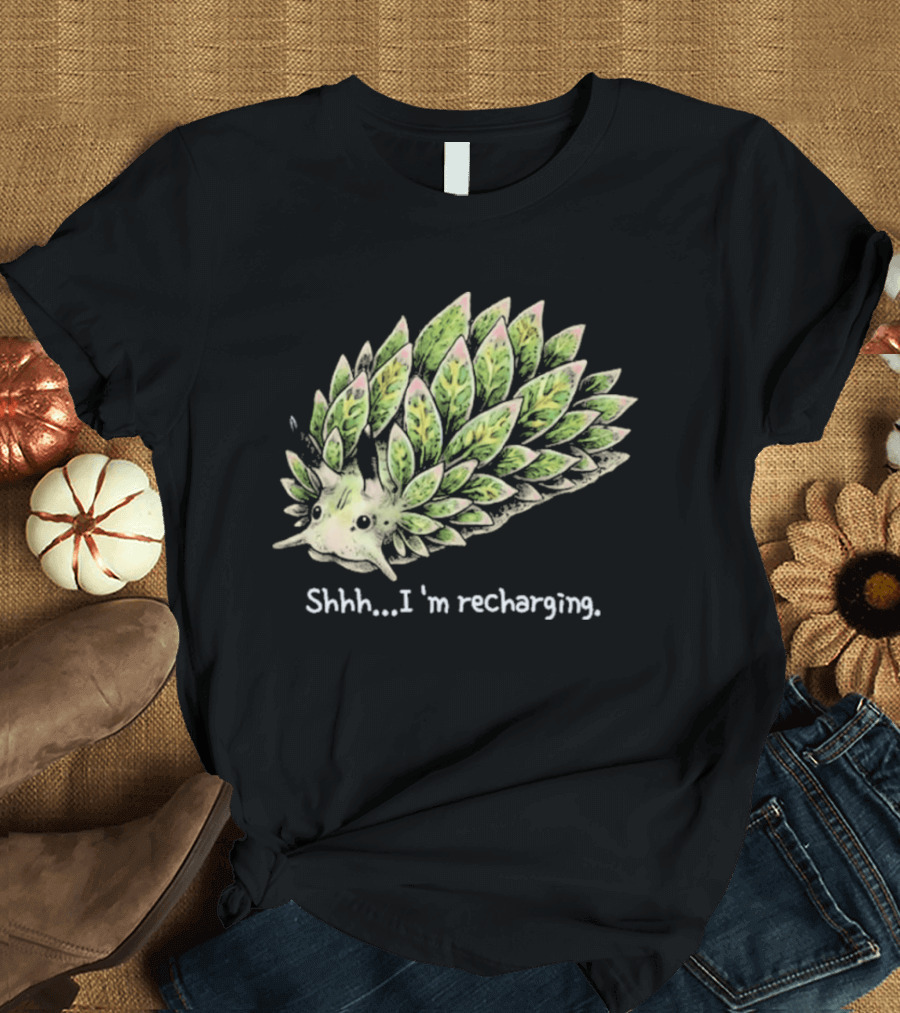 Leaf Sheep Sea Slug Shhh I'm Recharging Green Pink Cute Sea Creature T-Shirt
