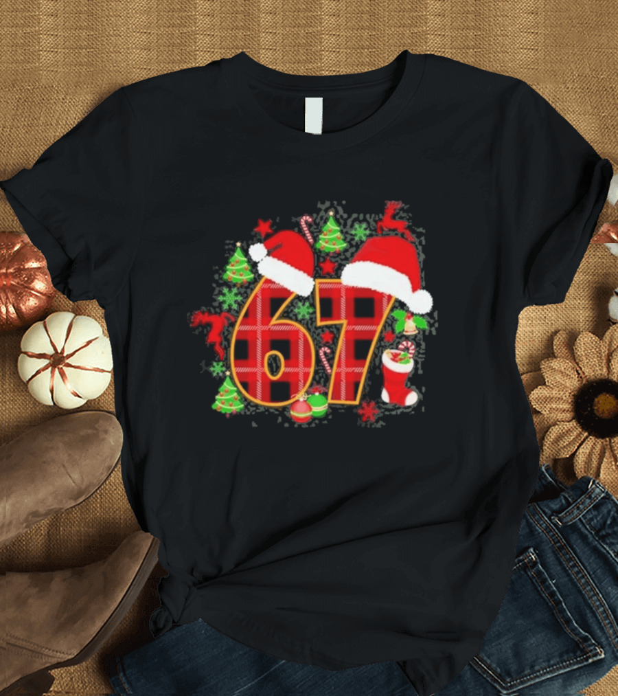 67 Christmas Plaid With Santa Hats And Festive Decorations T-Shirt