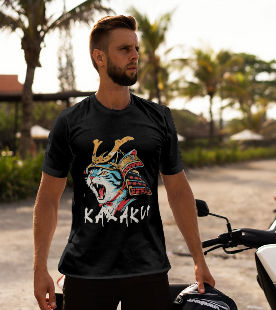 Karaku Distressed Samurai Cat With Helmet And Snarling Expression T-Shirt