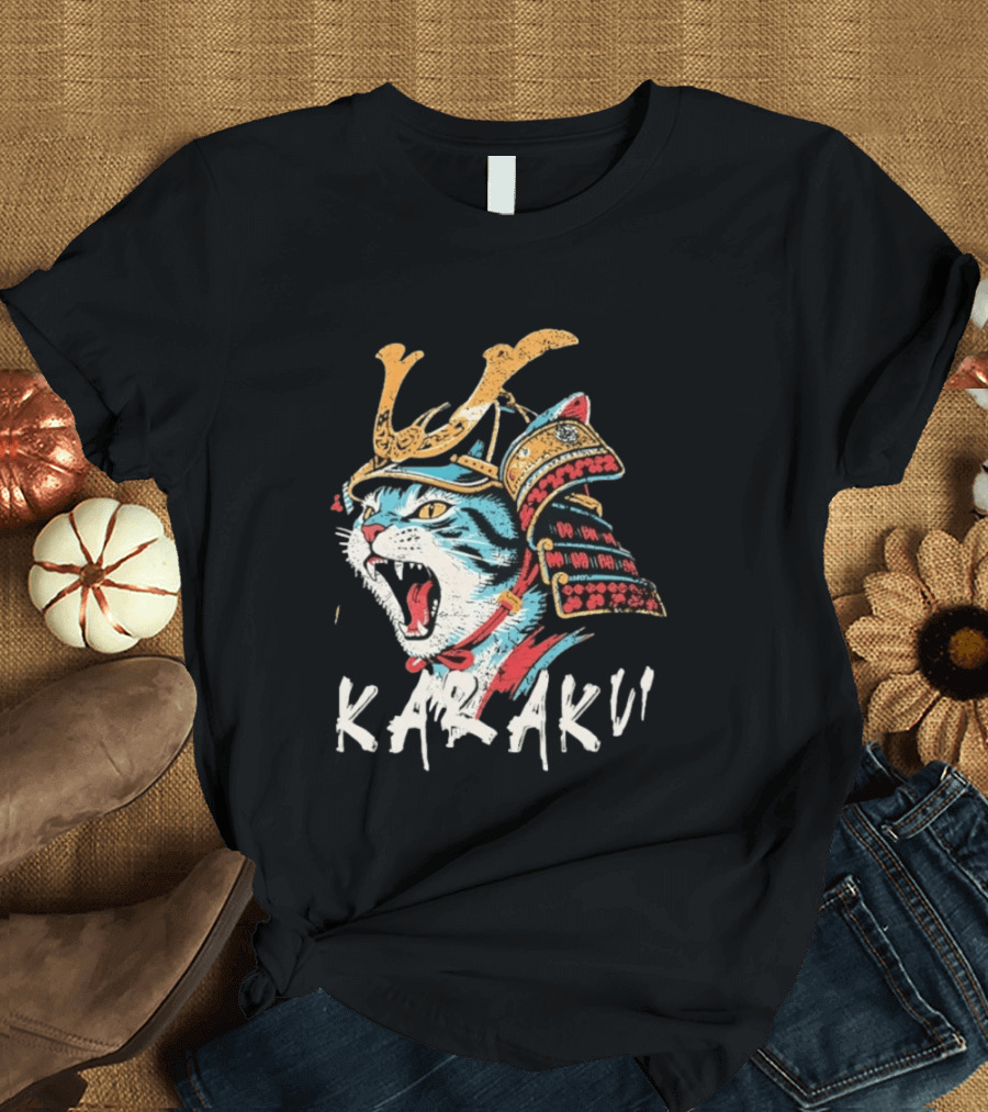 Karaku Distressed Samurai Cat With Helmet And Snarling Expression T-Shirt