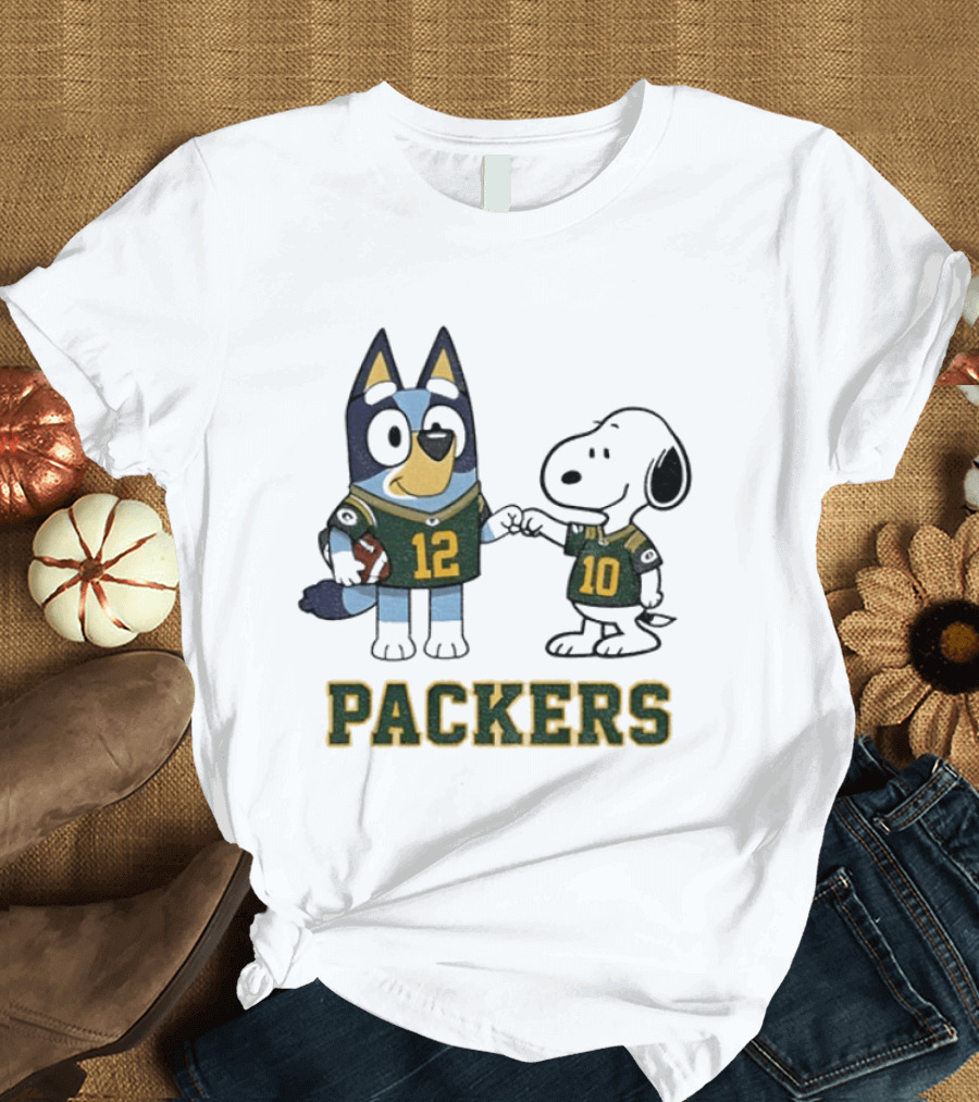 Bluey Snoopy Packers Football Friends Wearing 12 And 10 Jerseys T-Shirt