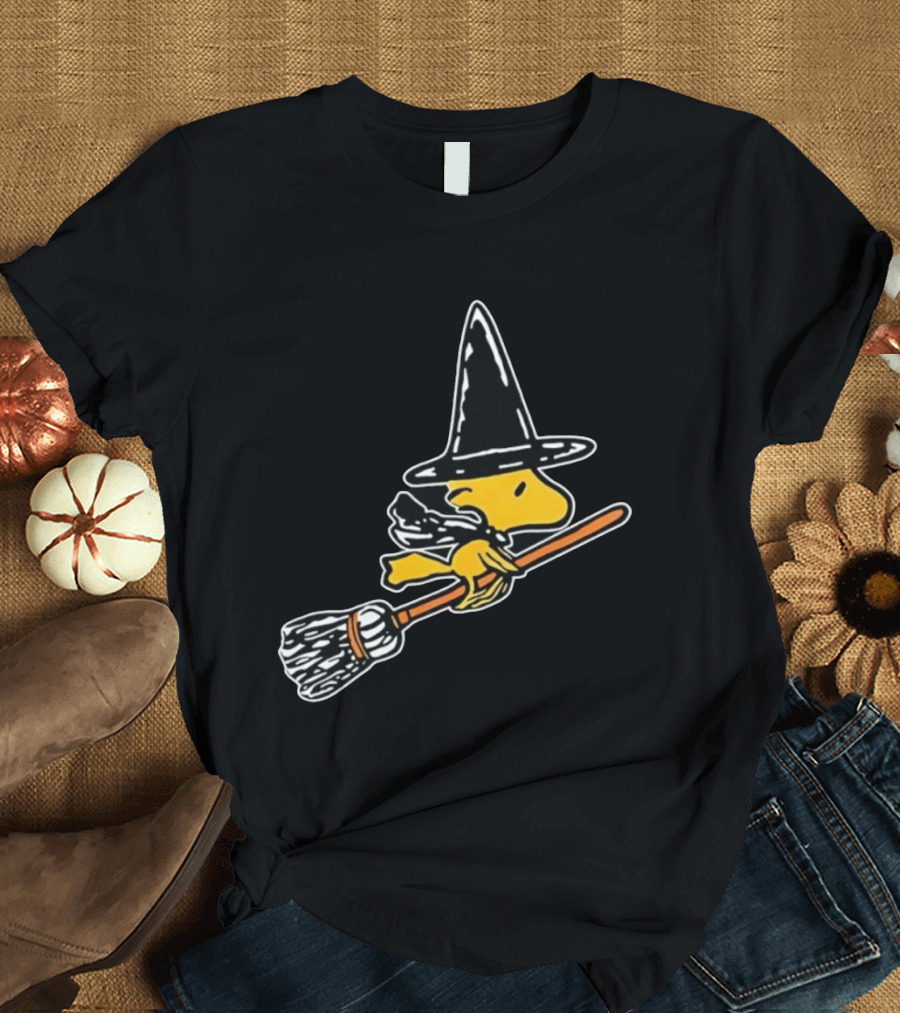Woodstock Peanuts Halloween Witch Flying On Broomstick T-Shirt