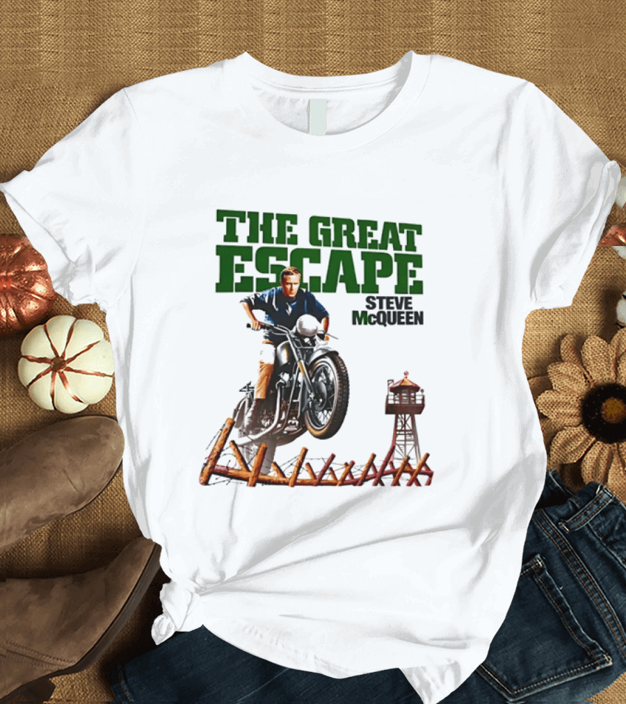 The Great Escape Steve McQueen Motorcycle Jump Classic Movie Scene T-Shirt