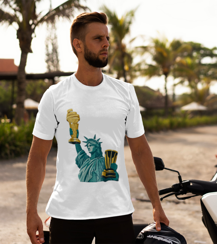 Lady Liberty Holding Dual Championship Trophies Soccer And Basketball T-Shirt