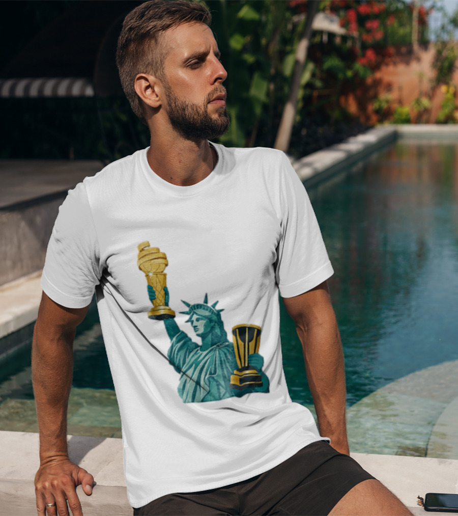 Lady Liberty Holding Dual Championship Trophies Soccer And Basketball T-Shirt