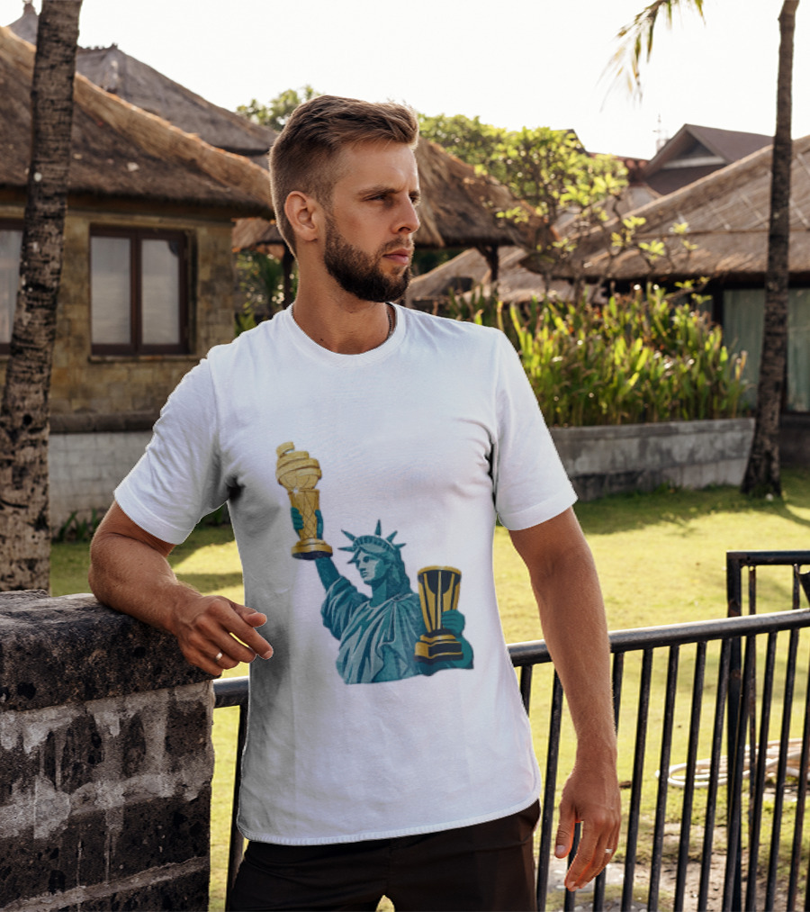 Lady Liberty Holding Dual Championship Trophies Soccer And Basketball T-Shirt