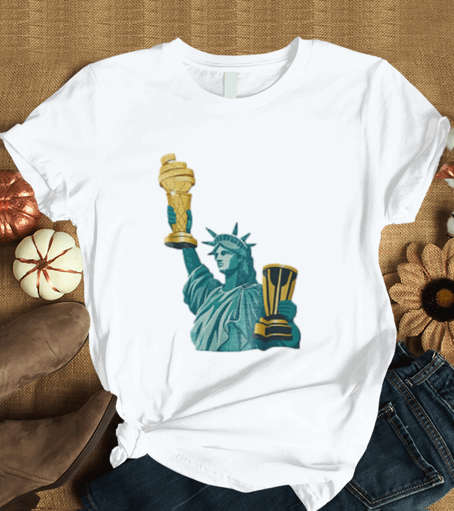Lady Liberty Holding Dual Championship Trophies Soccer And Basketball T-Shirt