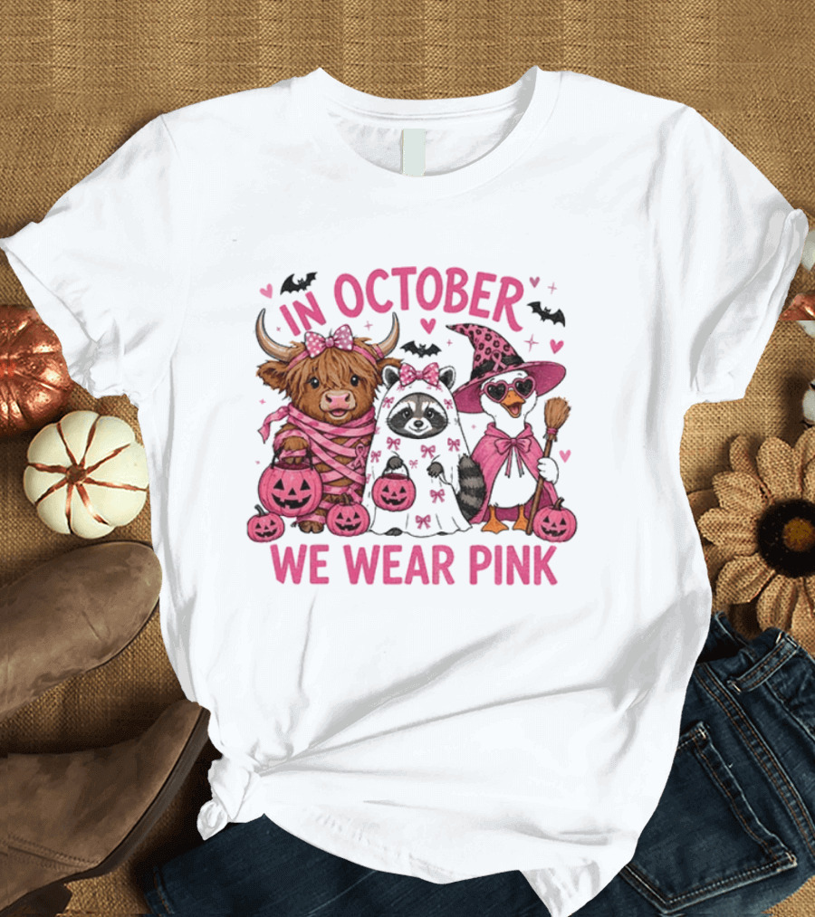 In October We Wear Pink Breast Cancer Support With Halloween Animals T-Shirt