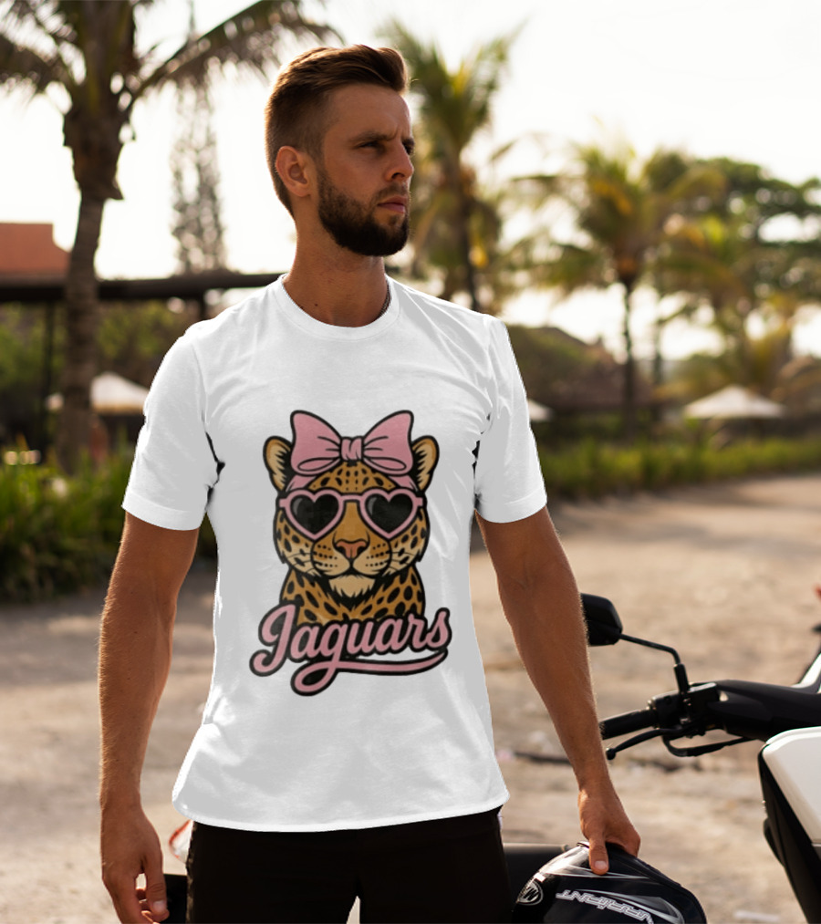 Jacksonville Jaguars Leopard Pink Bow Heart Sunglasses T-Shirt